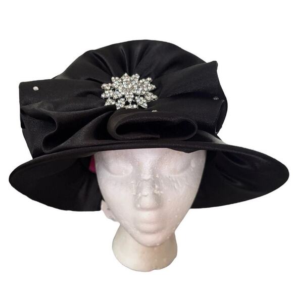 Designer Black Satin & Rhinestone Hat Mr. Hi\'s Classic Collection 22 1/4\